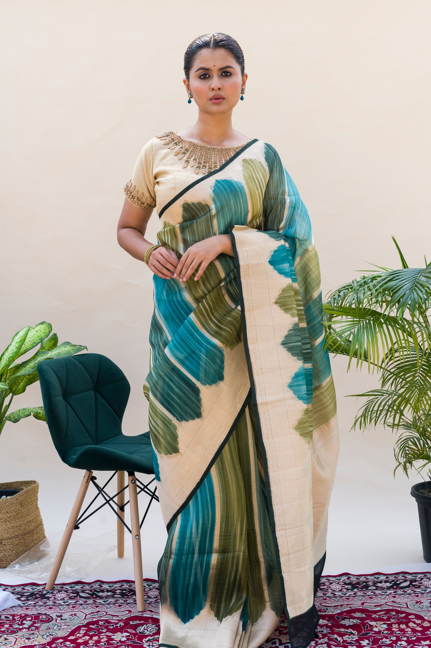 Kora Silk Brushing Effect Saree (Shades of Green)