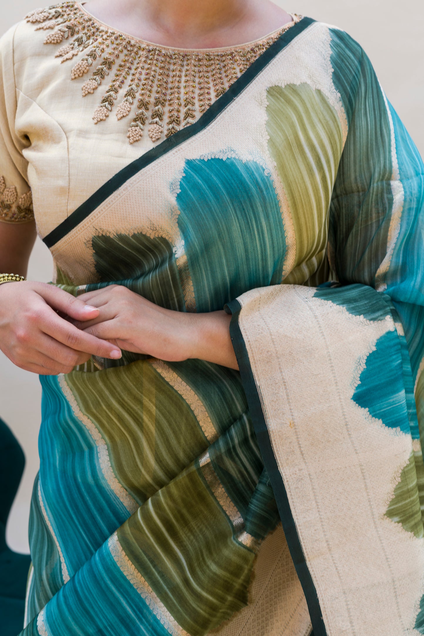 Kora Silk Brushing Effect Saree (Shades of Green)