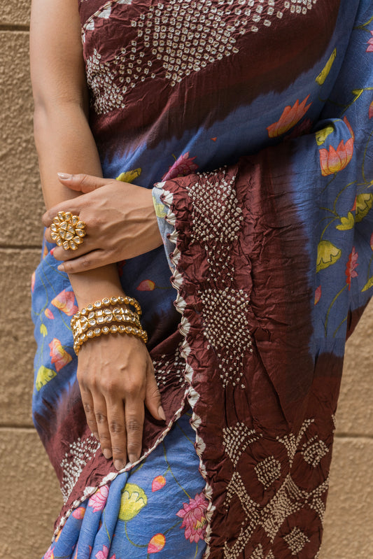 Chiniya Madhubani Bandhej Saree (Sea Blue-Maroon)