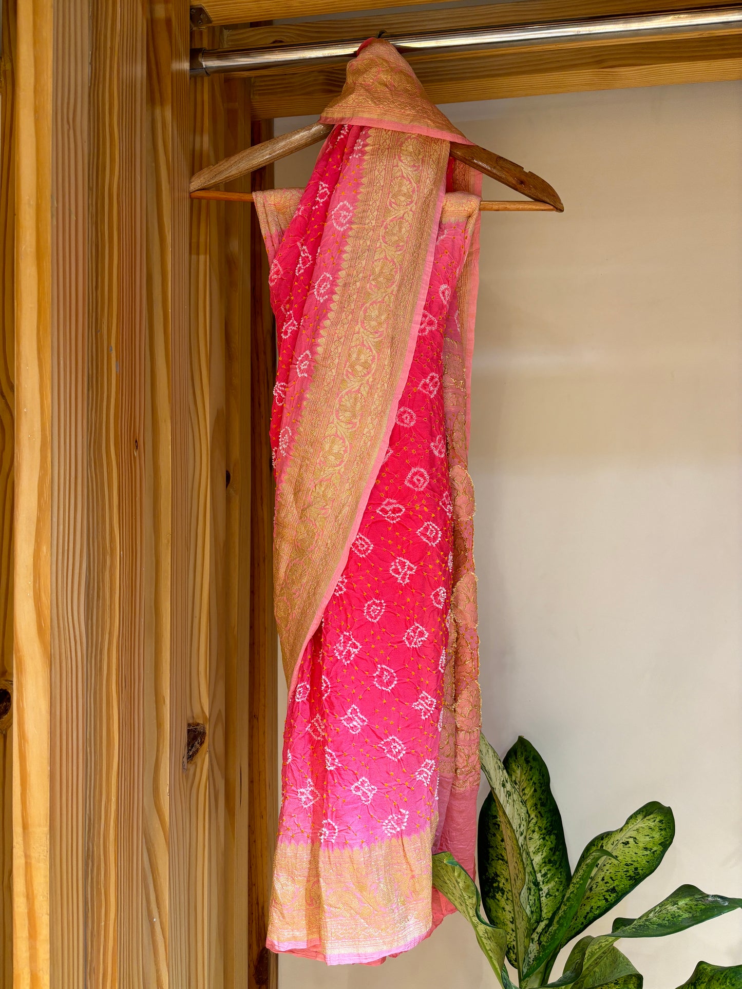 Peach-Pink Bandhej Banarasi Rai Dana Saree