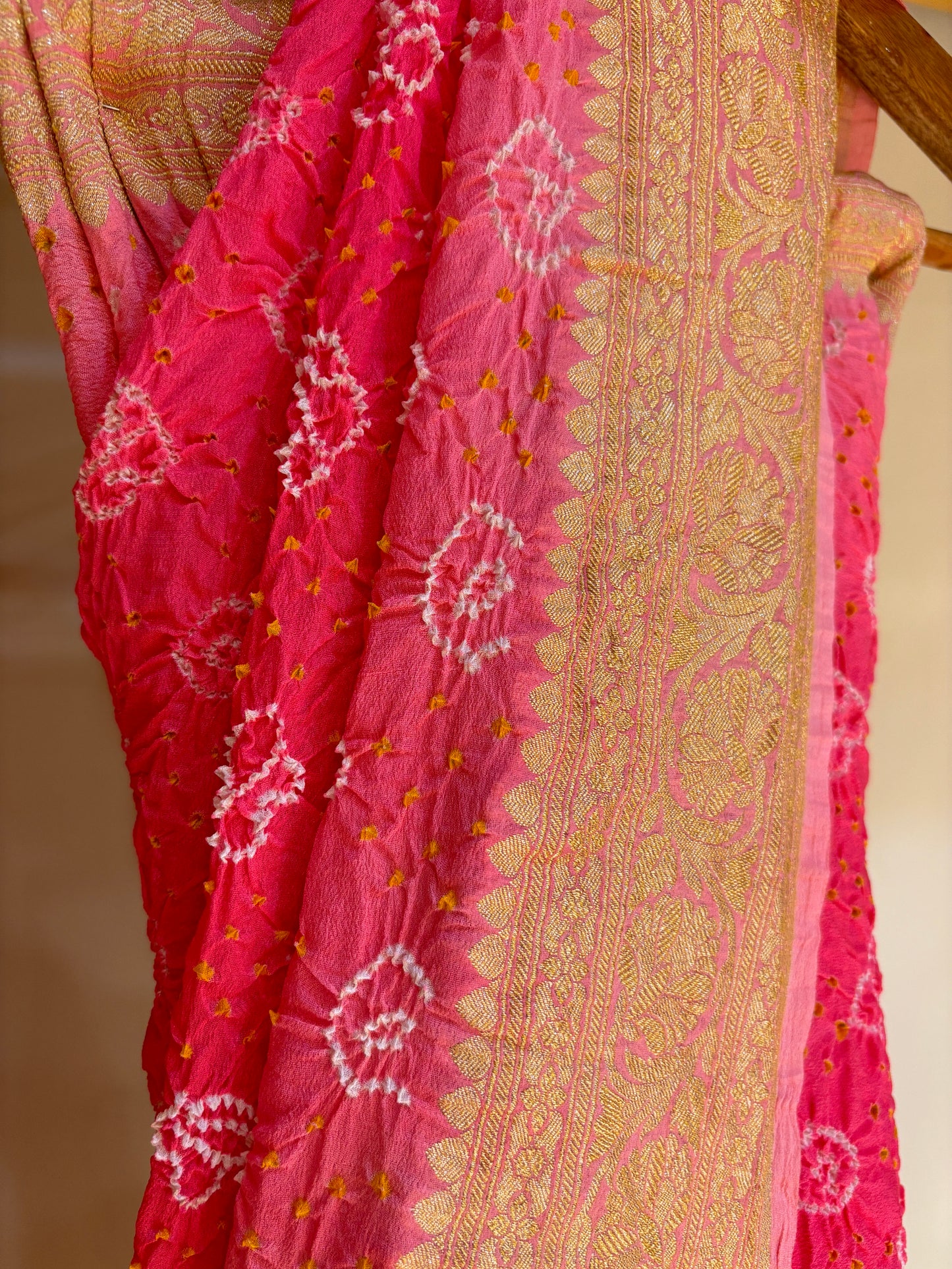 Peach-Pink Bandhej Banarasi Rai Dana Saree