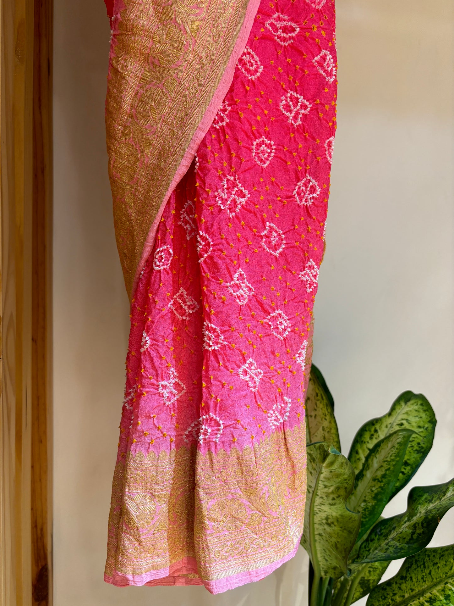 Peach-Pink Bandhej Banarasi Rai Dana Saree