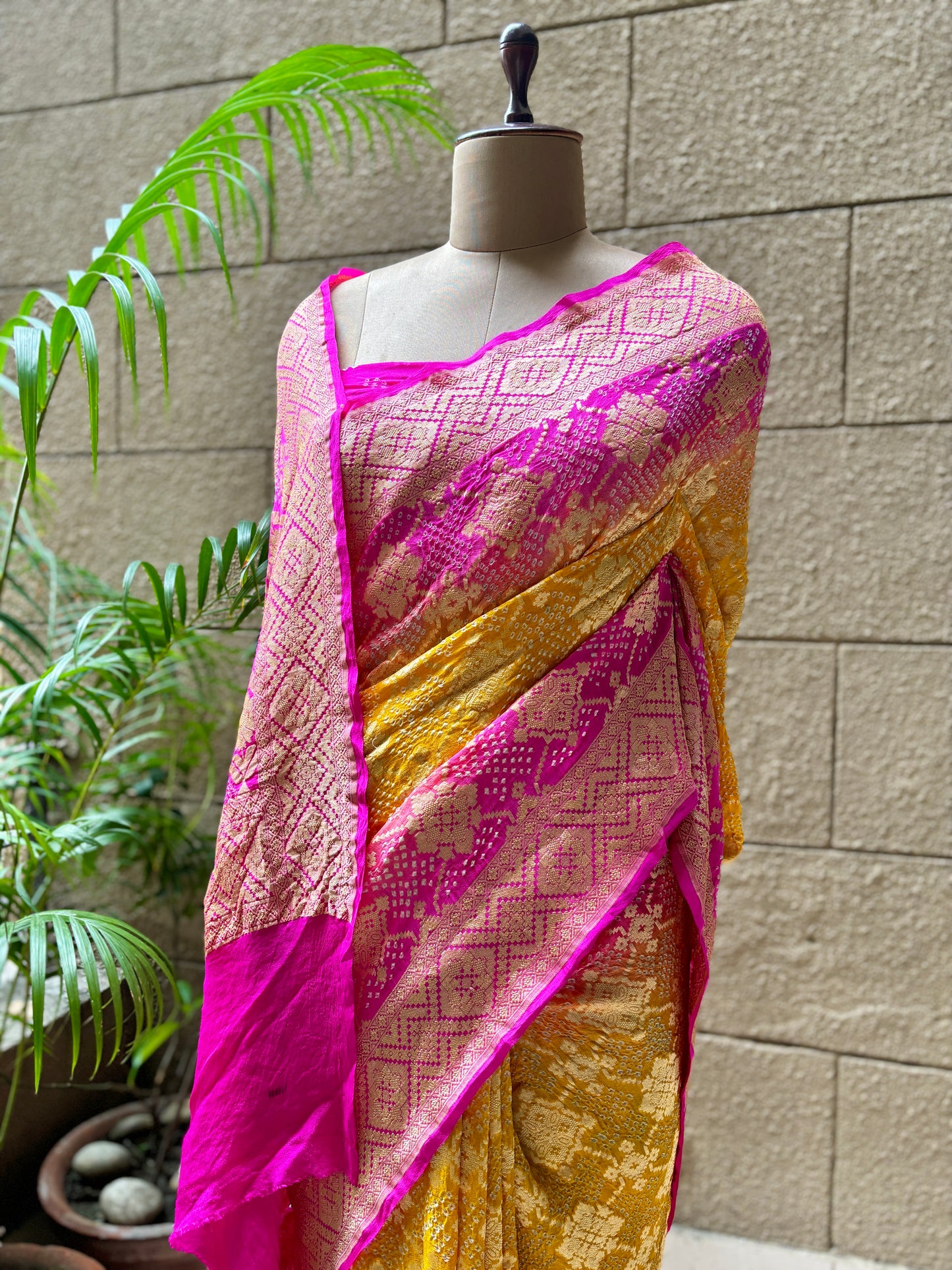 Yellow Rani Bandhej Neemzari Saree