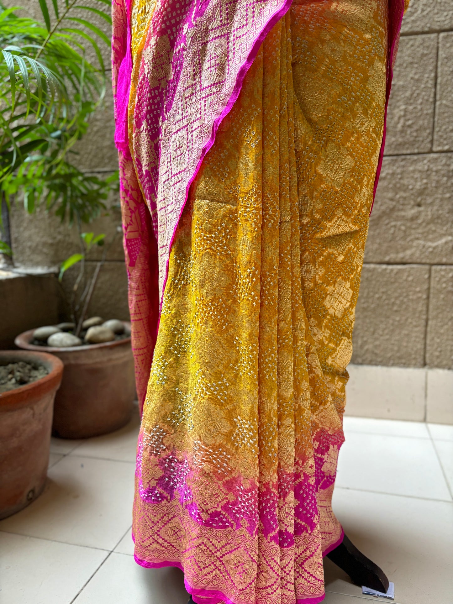 Yellow Rani Bandhej Neemzari Saree