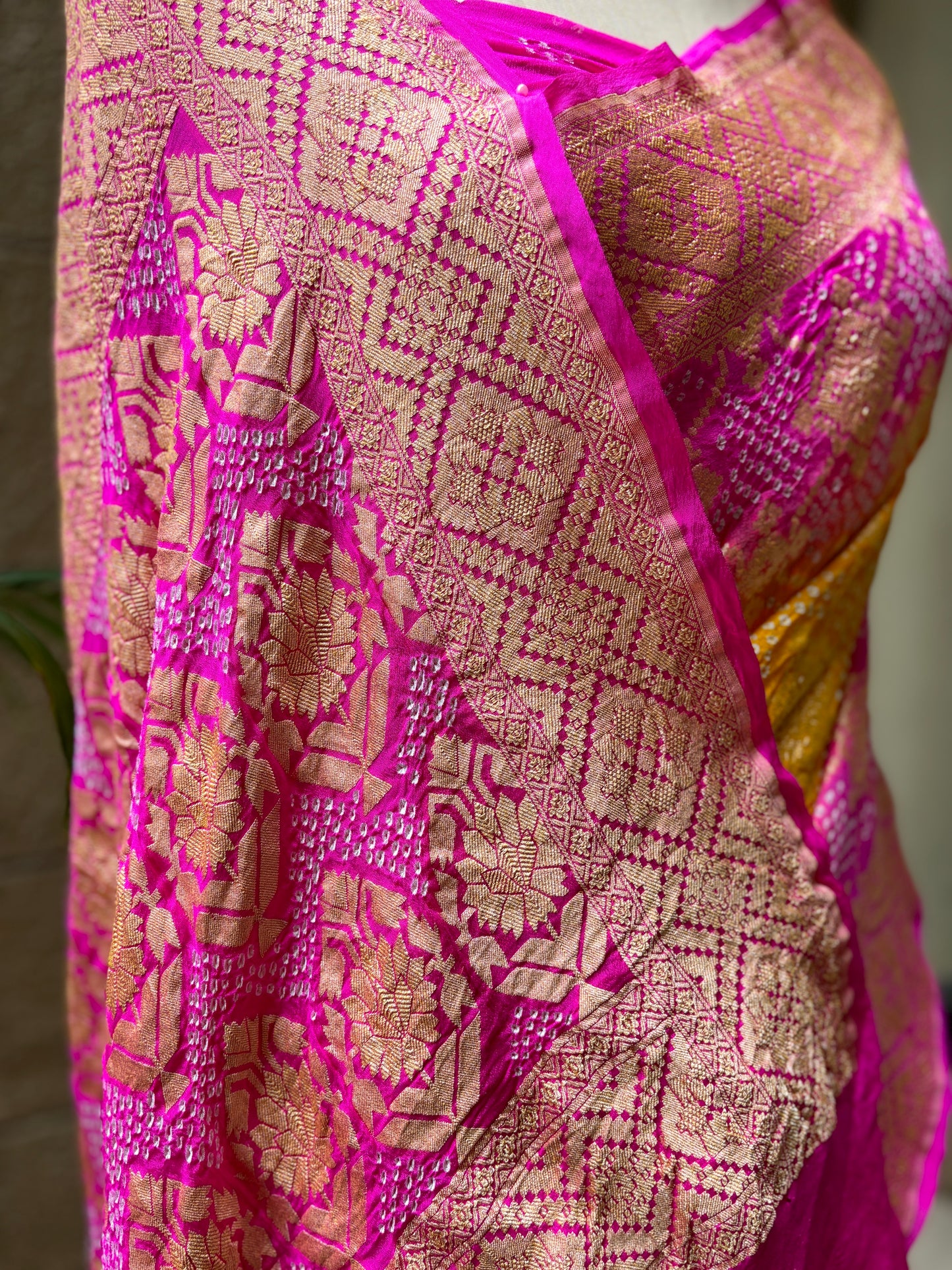 Yellow Rani Bandhej Neemzari Saree