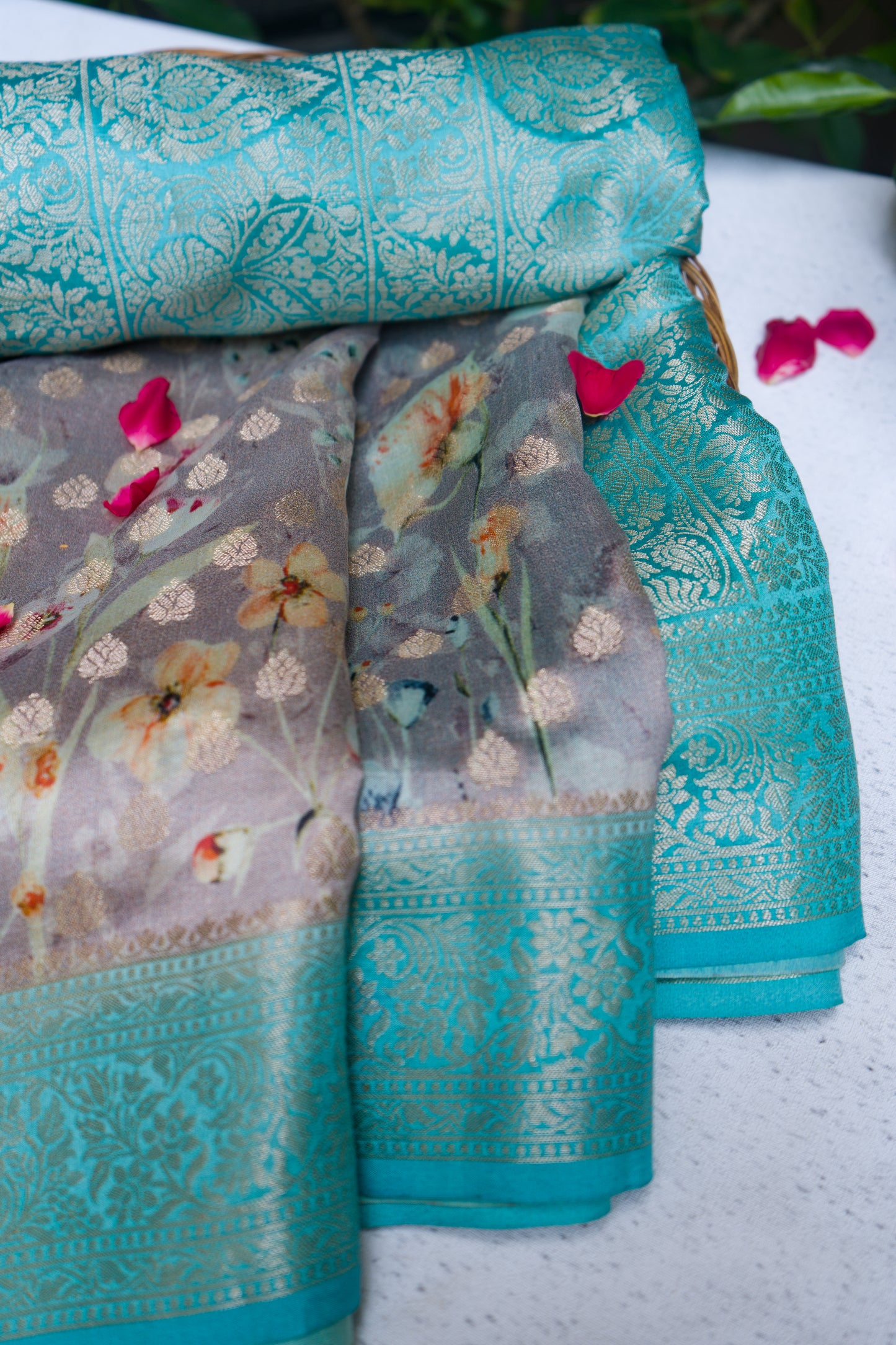 Chiniya Blue-Grey Floral (Golden Booti) Saree