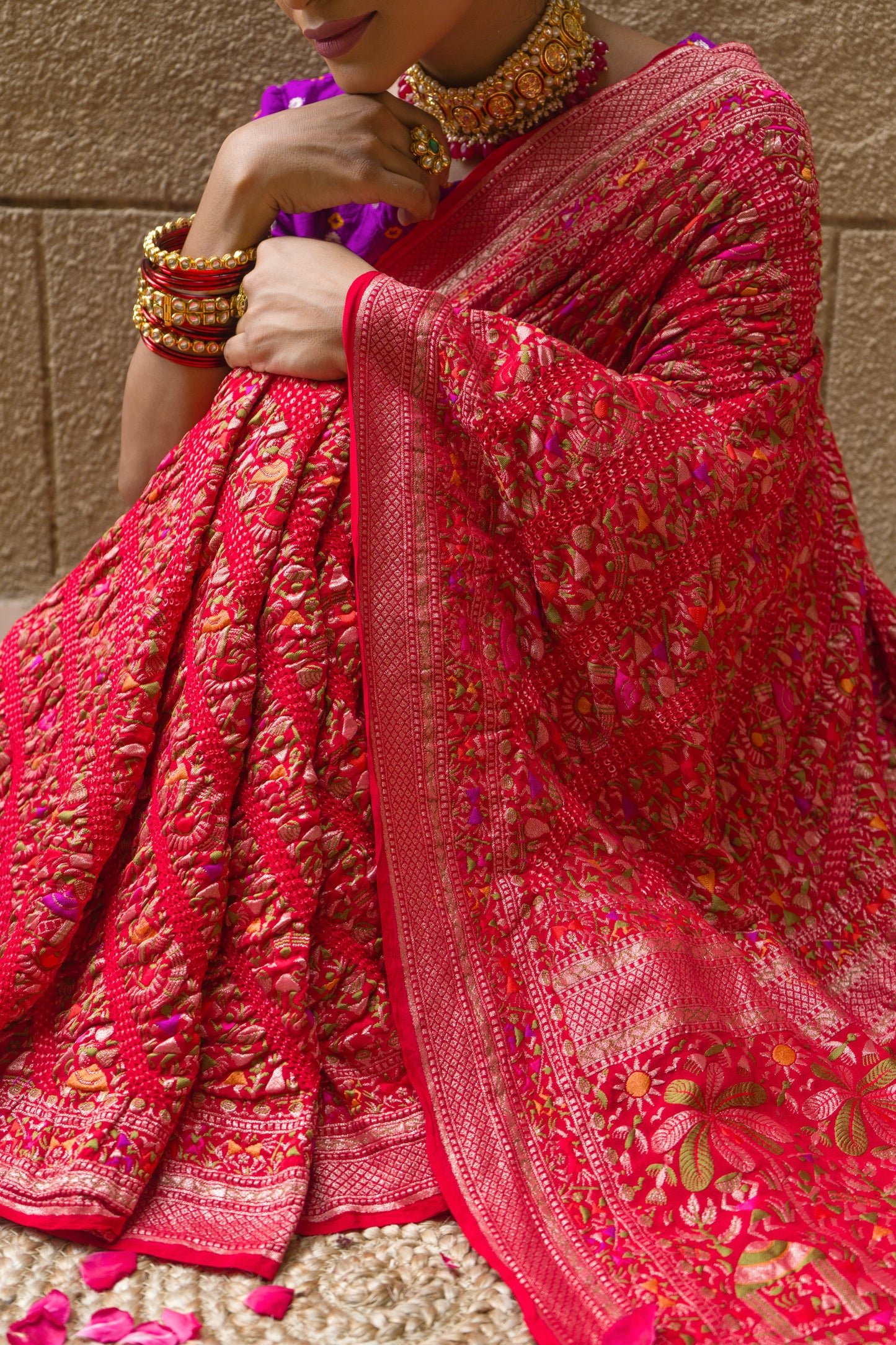 Warli Leheriya Meenakari (Red) Bandhej Saree