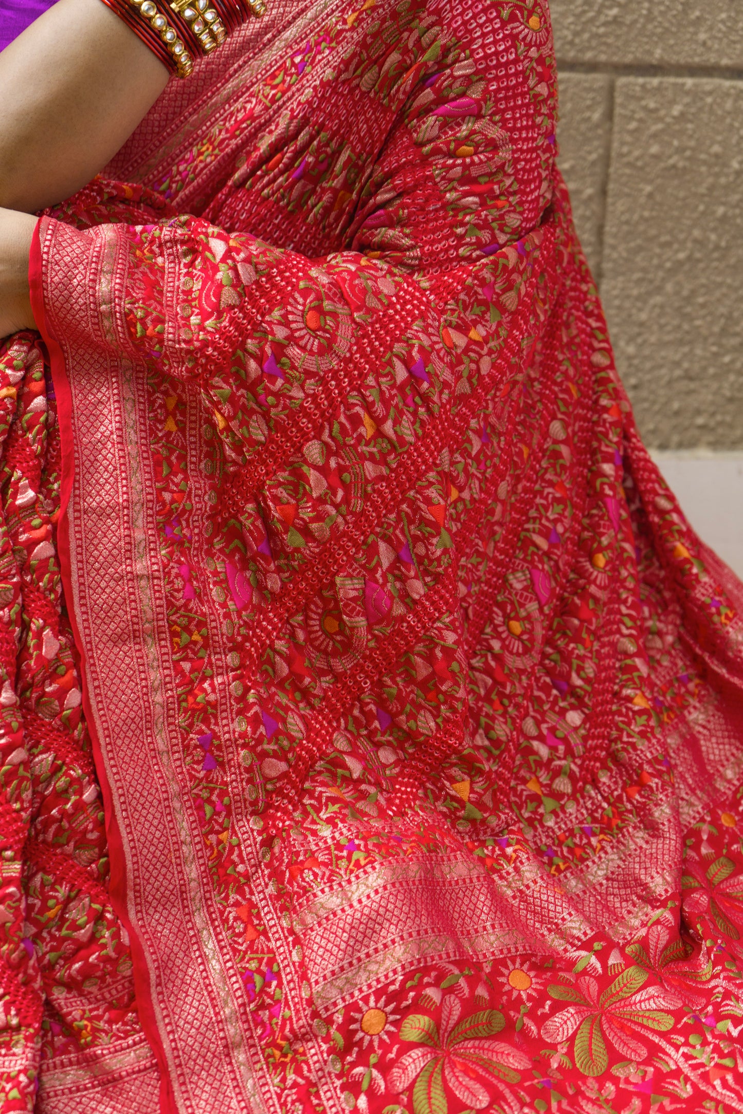 Warli Leheriya Meenakari (Red) Bandhej Saree