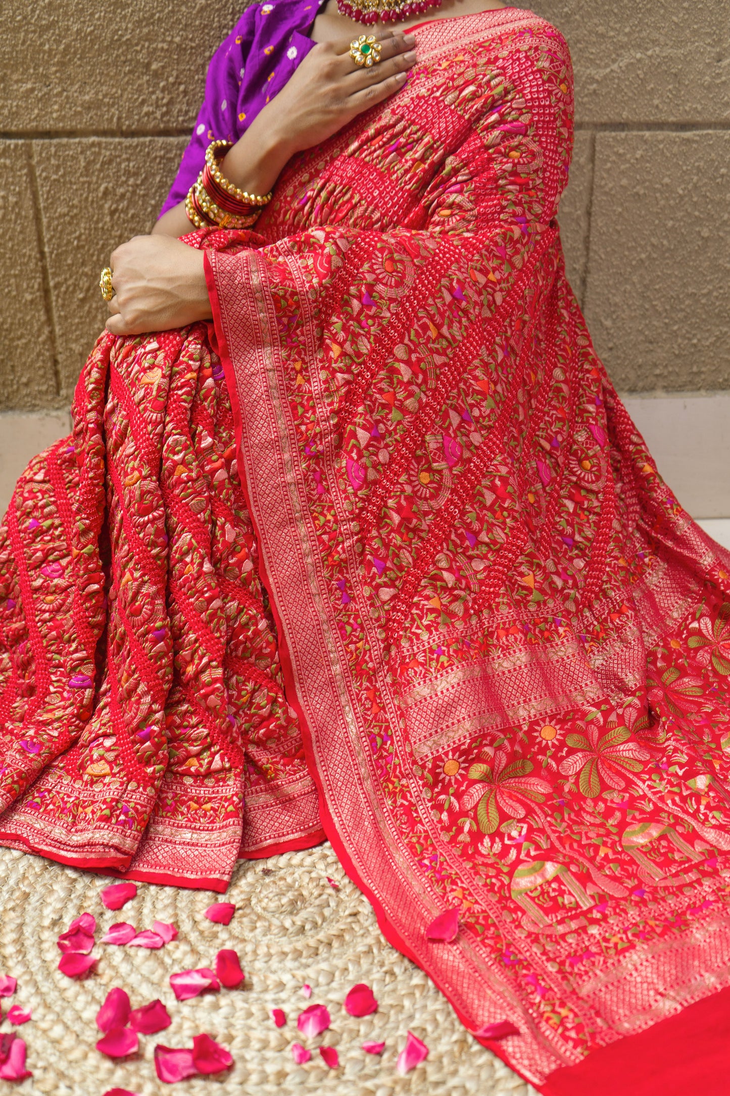 Warli Leheriya Meenakari (Red) Bandhej Saree