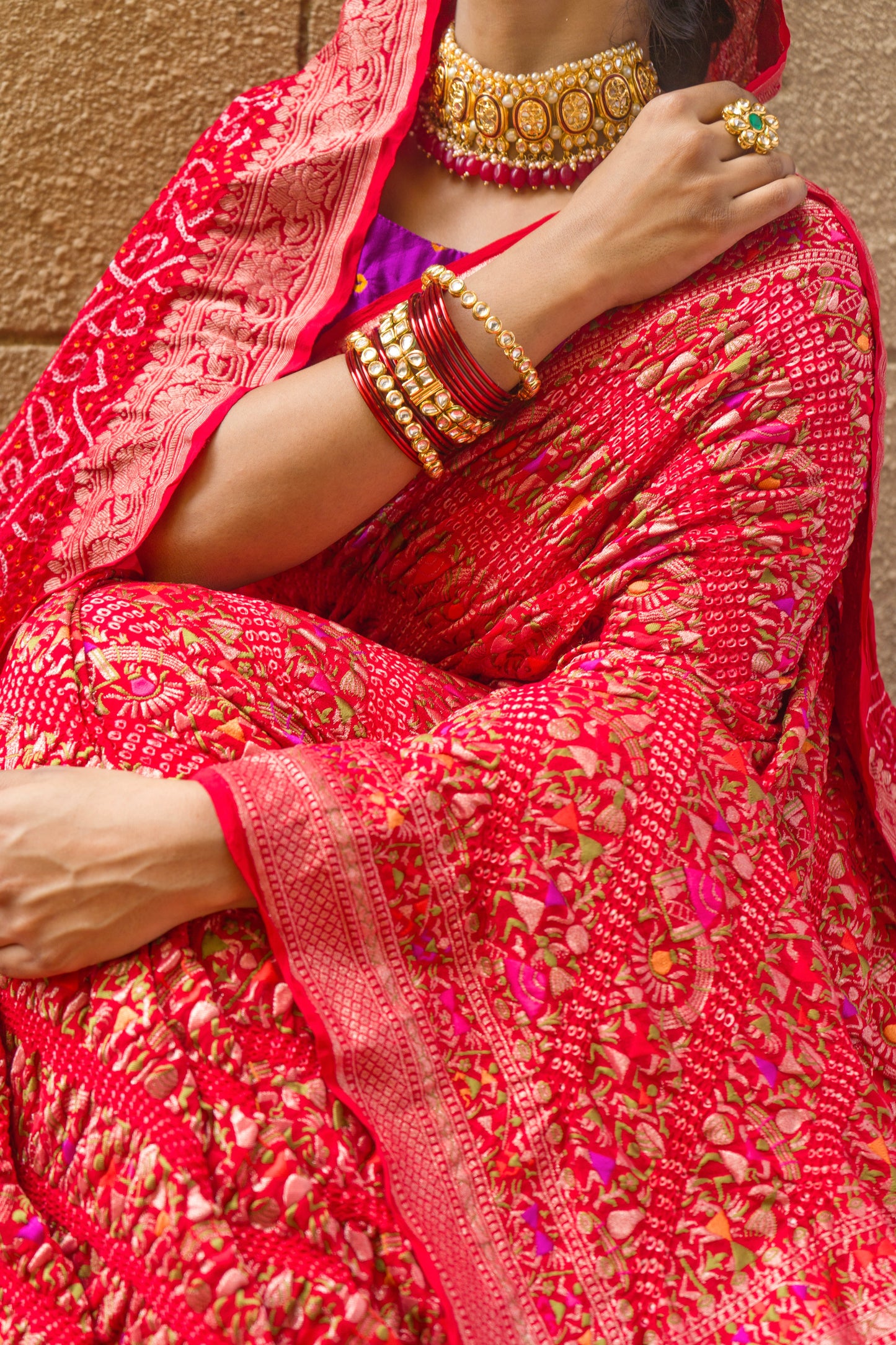 Warli Leheriya Meenakari (Red) Bandhej Saree