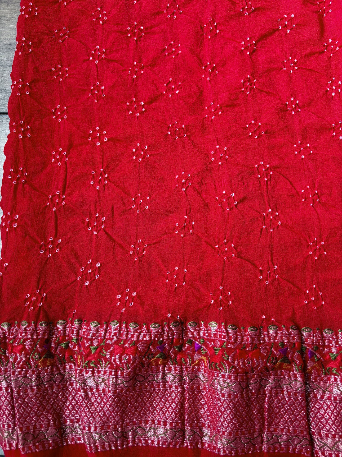 Warli Leheriya Meenakari (Red) Bandhej Saree