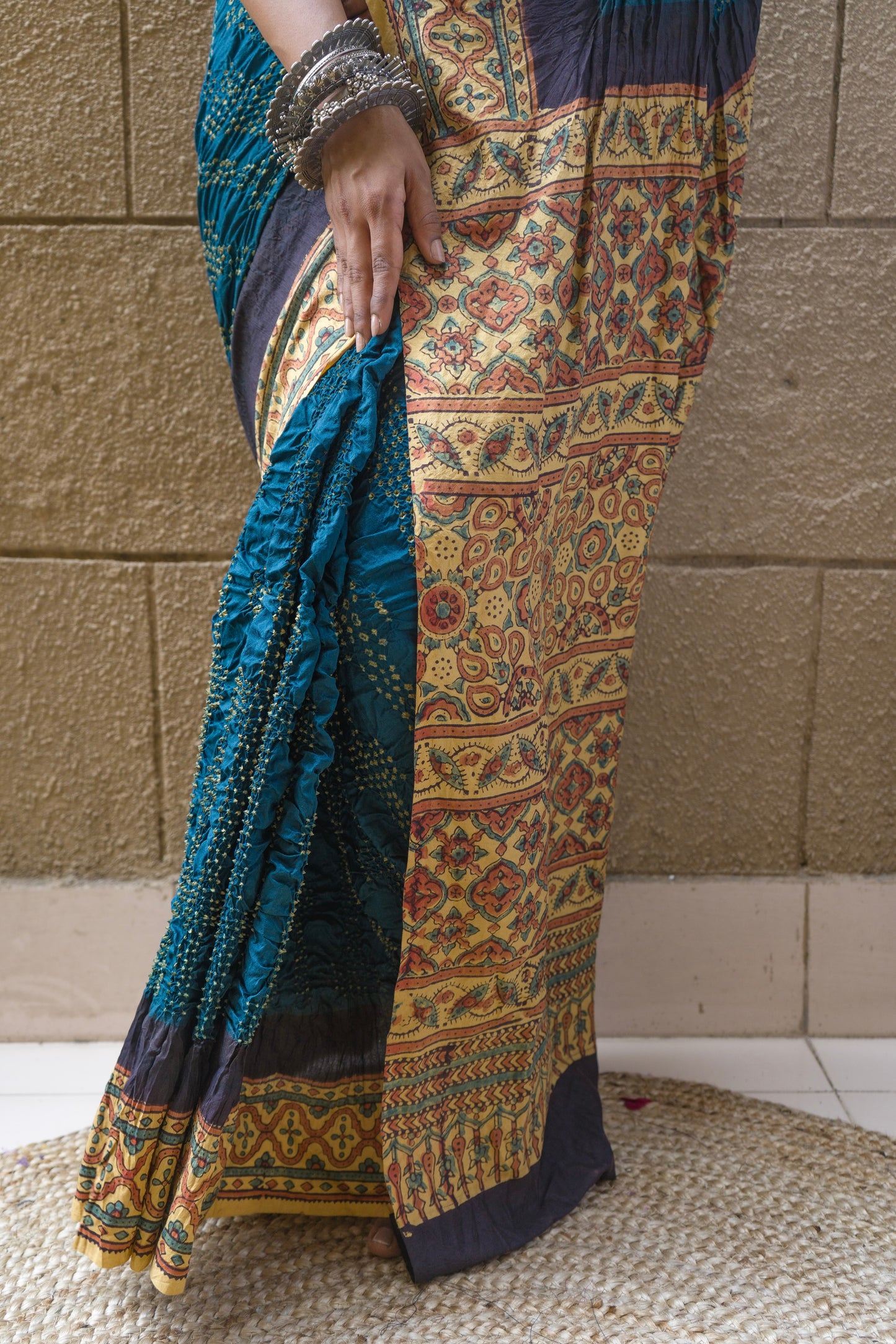 Chiniya Ajrakh Bharti Bandhej (Navy Blue) Saree