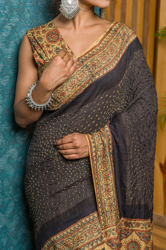 Chiniya Ajrakh Bharti Bandhej Saree