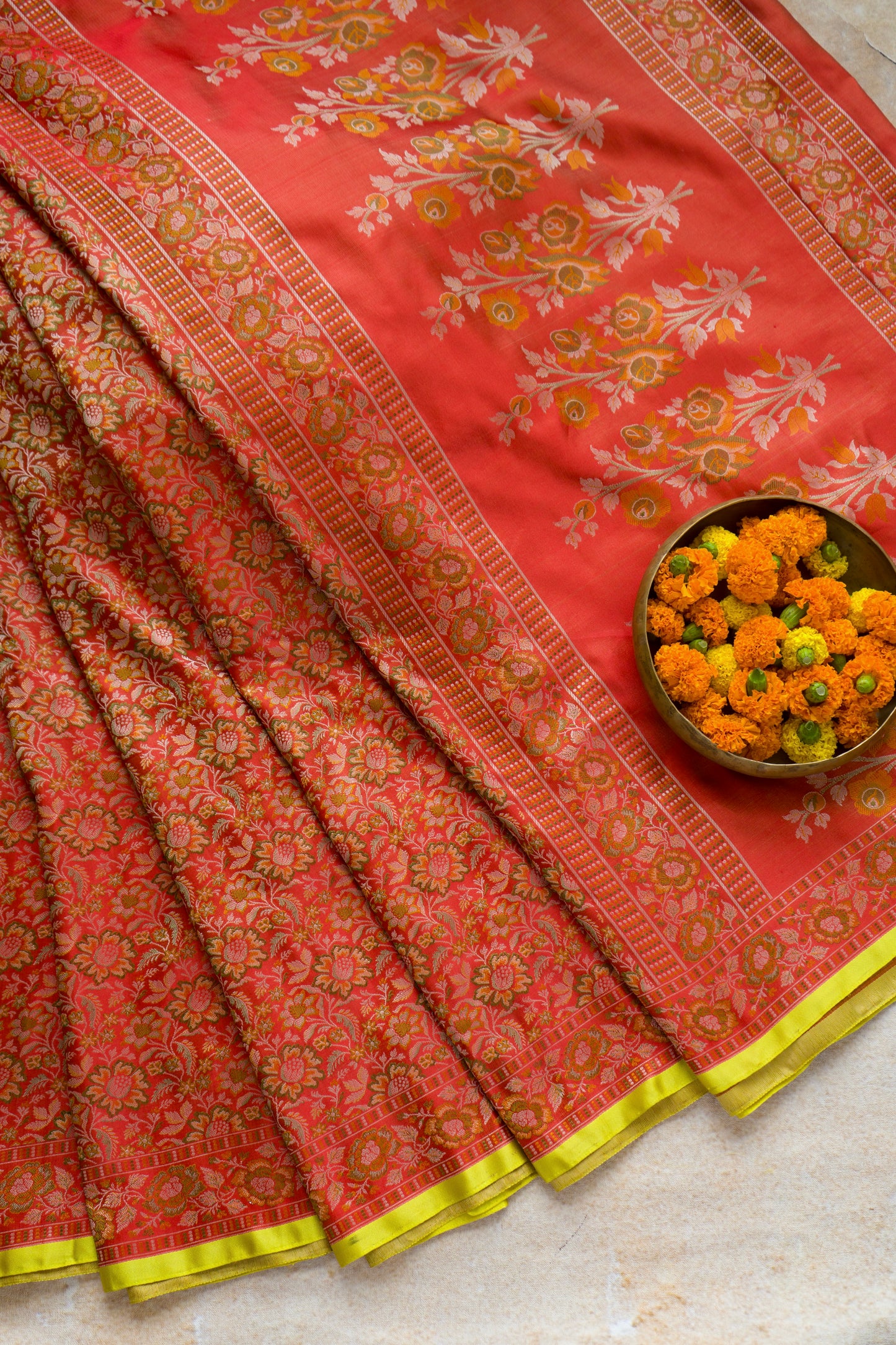 Red Floral Tanchoi Saree