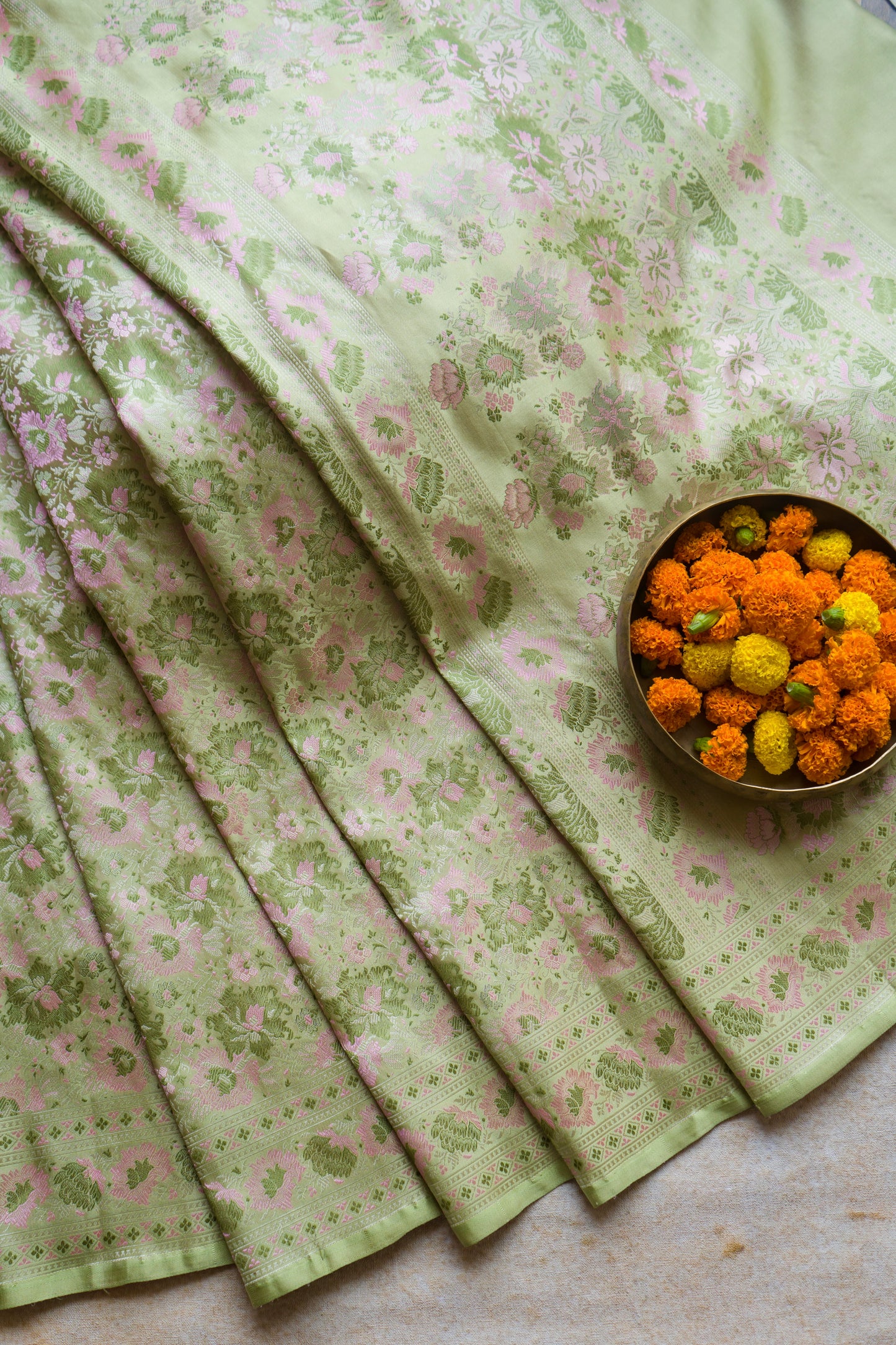 Mint Green - Baby Pink Floral Tanchoi Saree