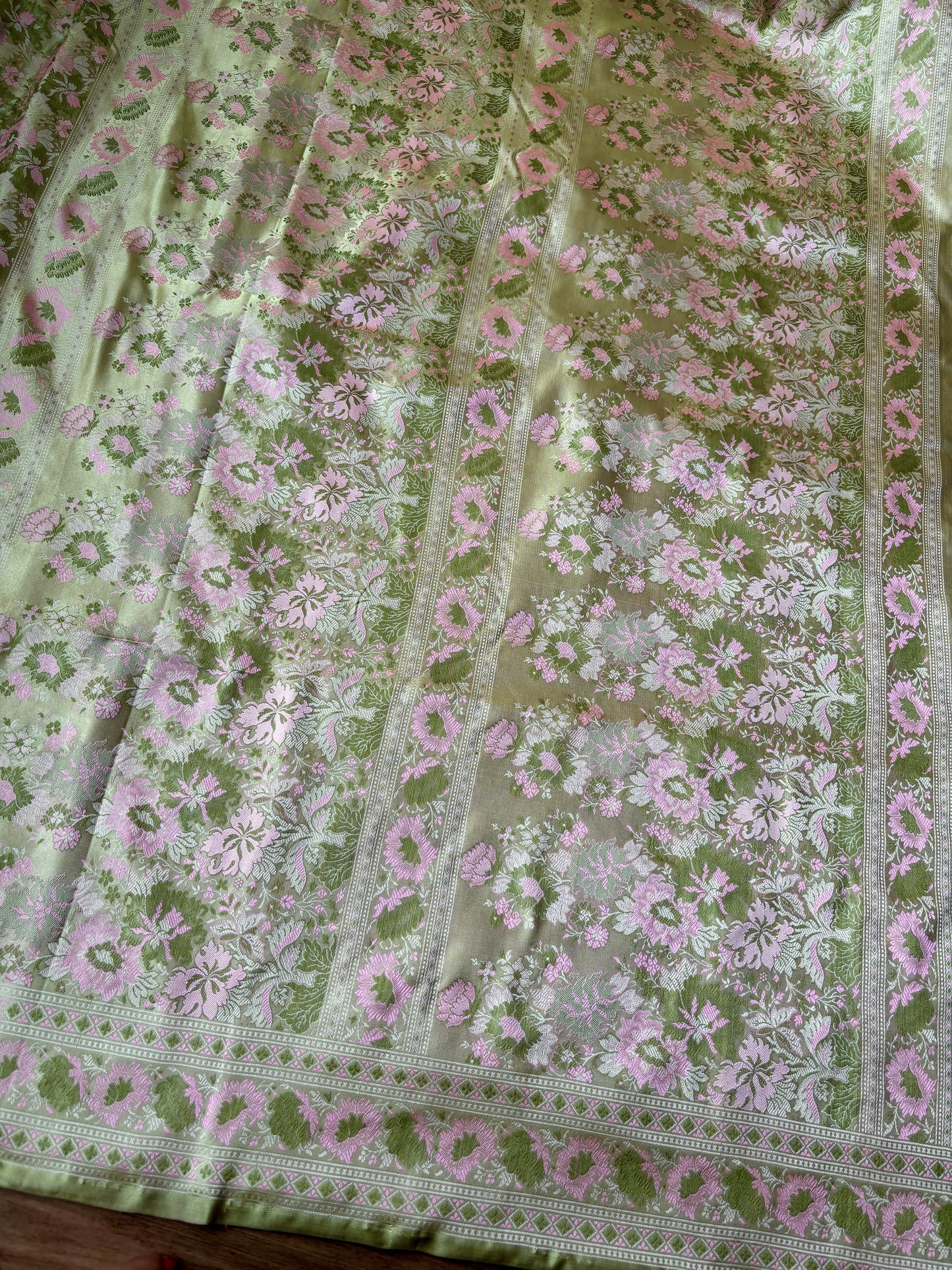 Mint Green - Baby Pink Floral Tanchoi Saree