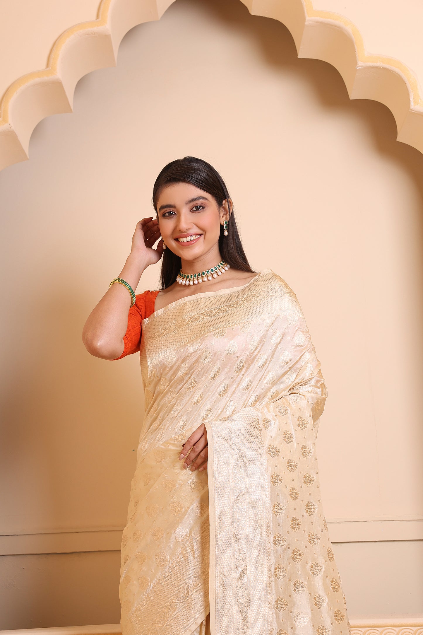 Cream Katan Booti Upada Saree