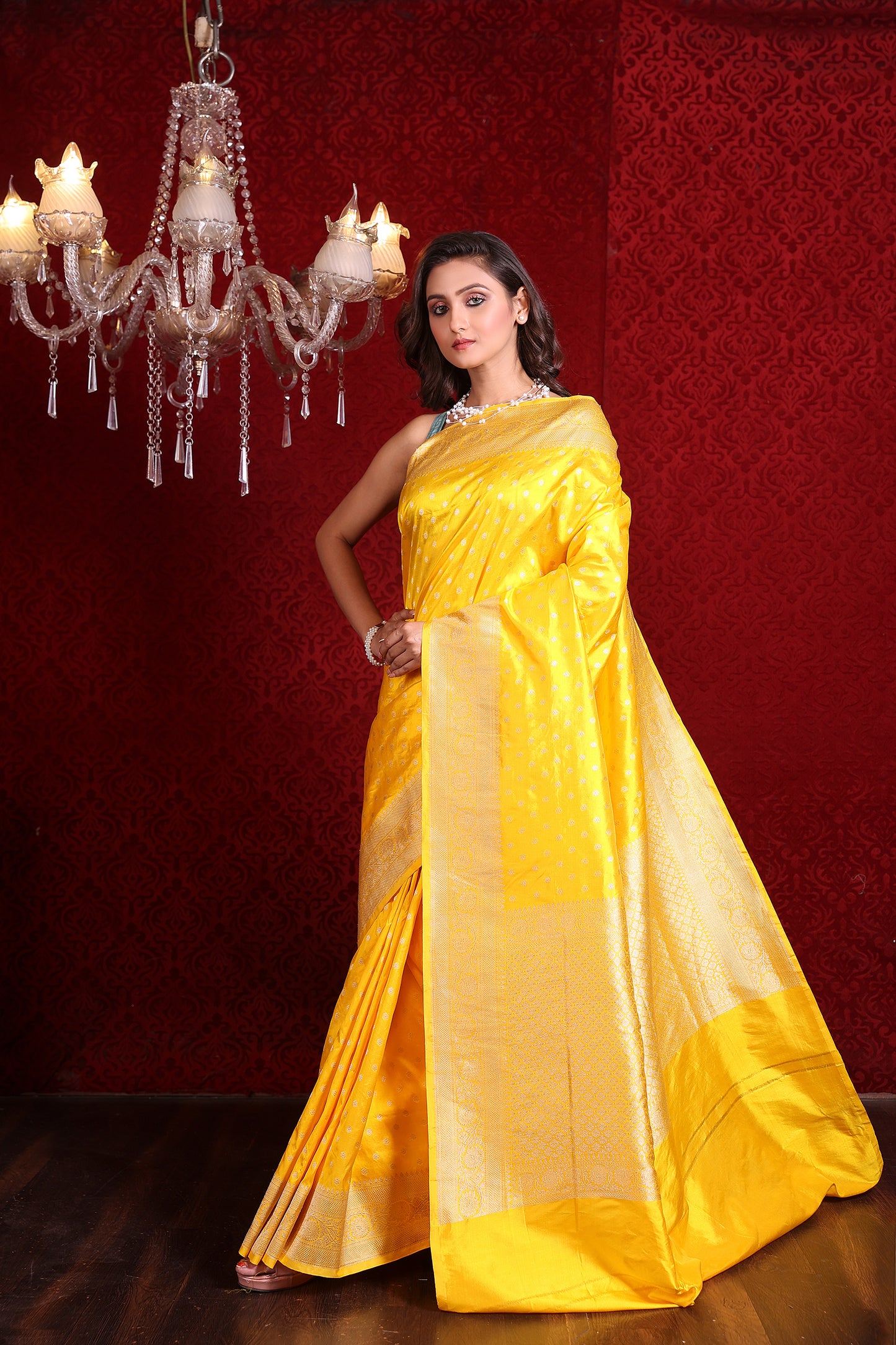 Yellow Booti Katan Silk Saree